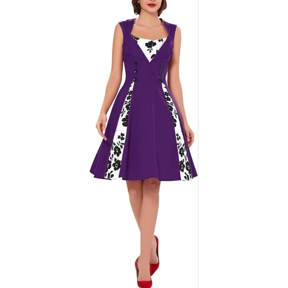 KILLREAL Women's XXL Purple Retro 50s Vintage Style Cocktail Party Swing Dress - Picture 1 of 9